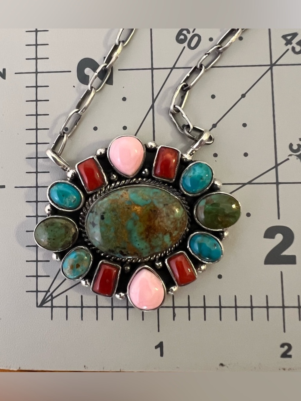 925 Sterling Silver Multi Stone Cluster Necklace Turquoise, Pink Conch, Coral - Picture 11 of 13